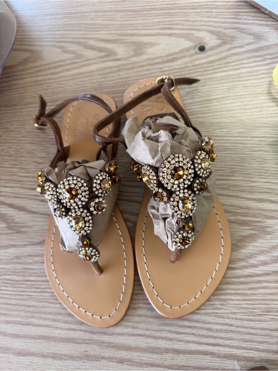 Pasha & Jo Shoes - Pasha & Jo Taupe Jeweled Thong Sandals with Amber Crystals